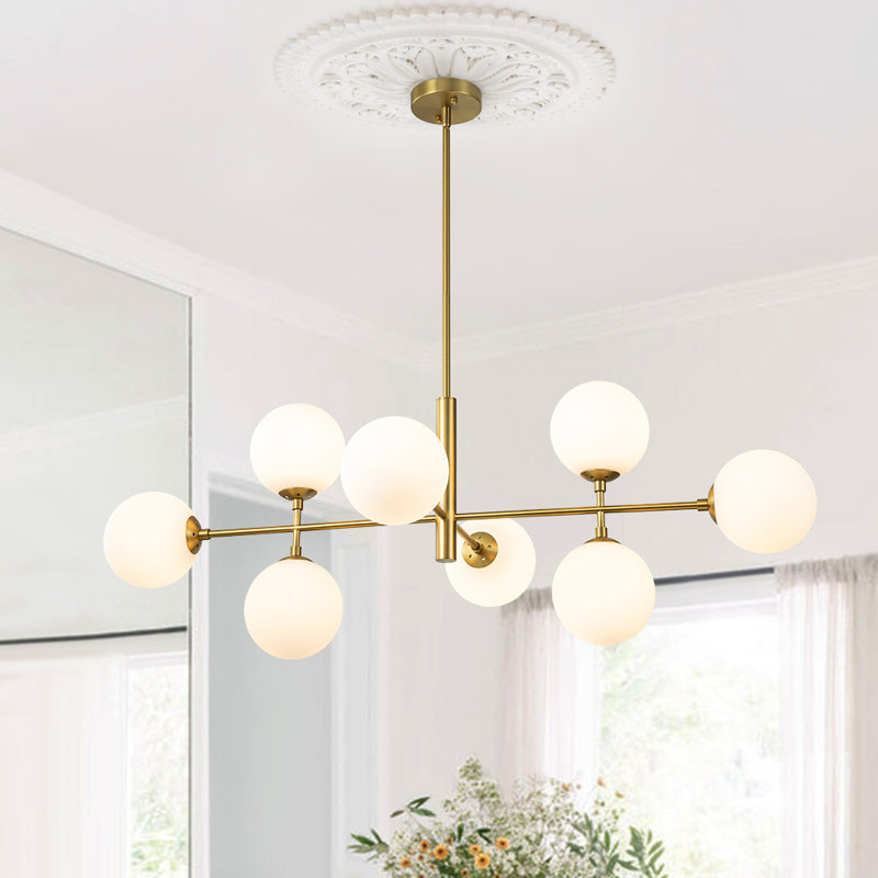 Lustre à 8 lumières Myhia, Laiton, Blanc laiteux