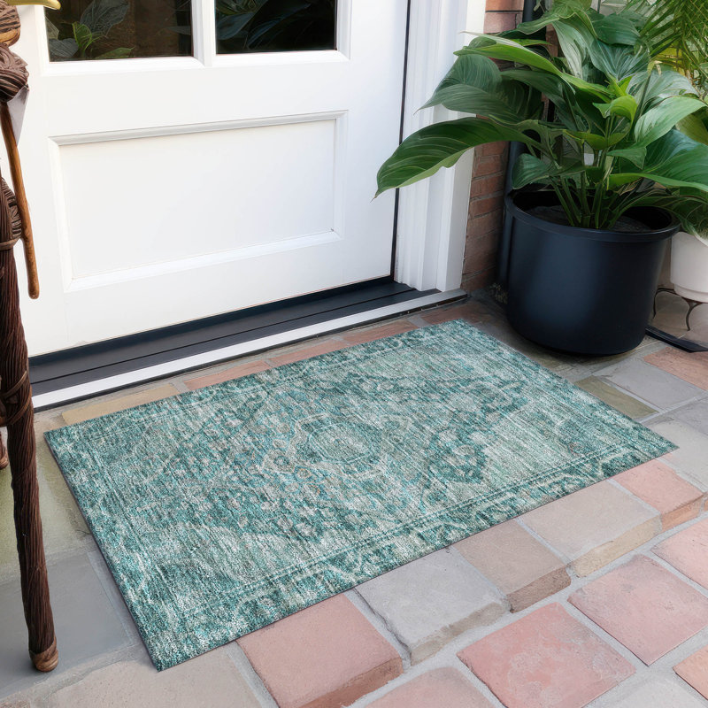 Machine Washable Indoor/Outdoor Xhevrie Teal Rug, Rectangle 1'8" x 2'6"