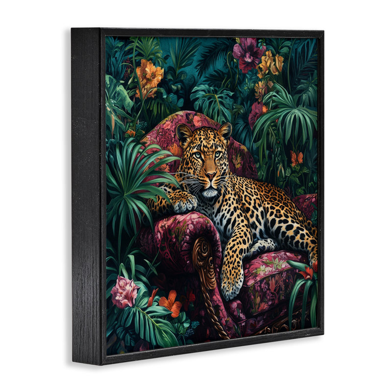 Giclée encadrée «Leopard in Jungle» par Petal Prints Design, H 17 po x l 17 po, Giclée encadrée noir minuit