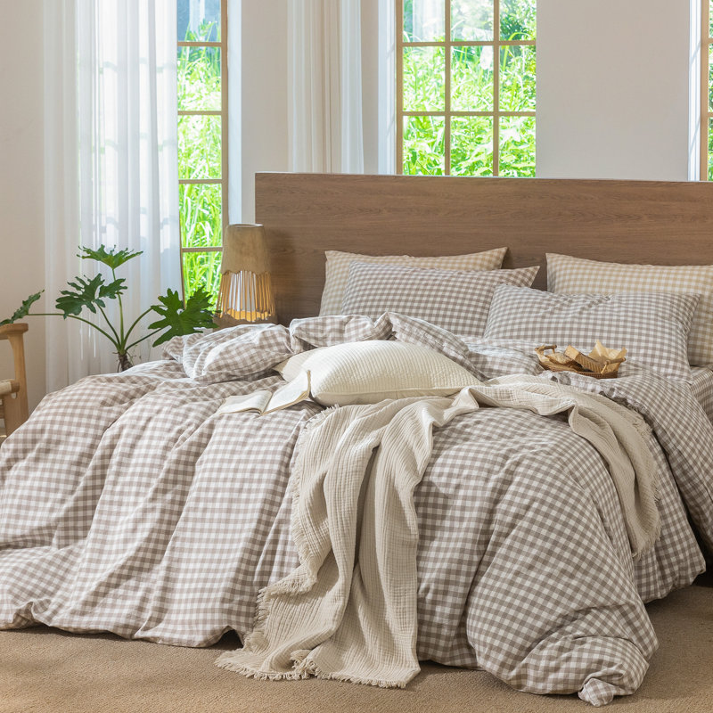 MooMee Gingham Duvet Cover Set 100% Washed Cotton Linen Like Lightweight, Tannish Linen Gray