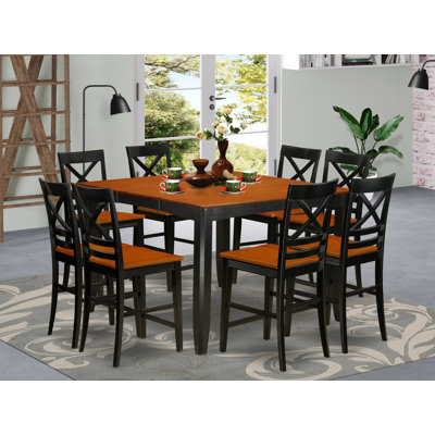 Ensemble bistro 9 pièces à hauteur de comptoir comprenant une table carrée avec piédestal et 8 chaises de cuisine, noir et cerise