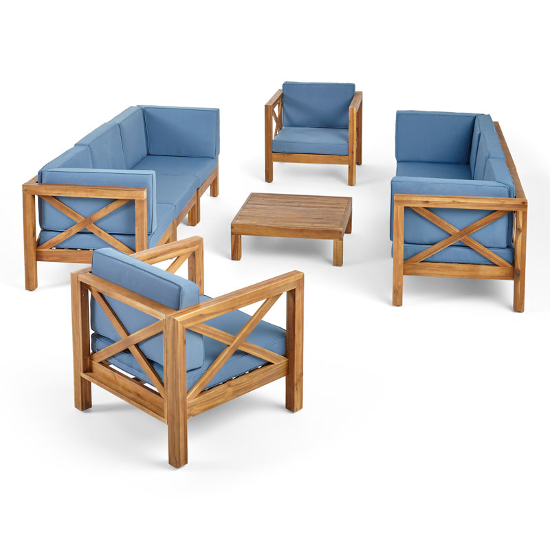 Sklar Acacia 8 - Person Patio Conversation Set with Cushions, Teak Frame / Blue Cushion