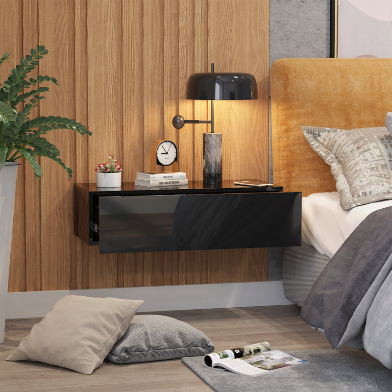 Floating Nightstand with Drawer for Bedroom, Black