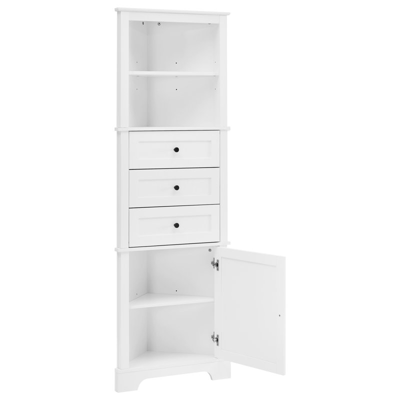 Tall White Triangle Cabinet With 3 Drawers And Adjustable Shelves, Board Painted Finish, Fits Any Home Style Decoration
