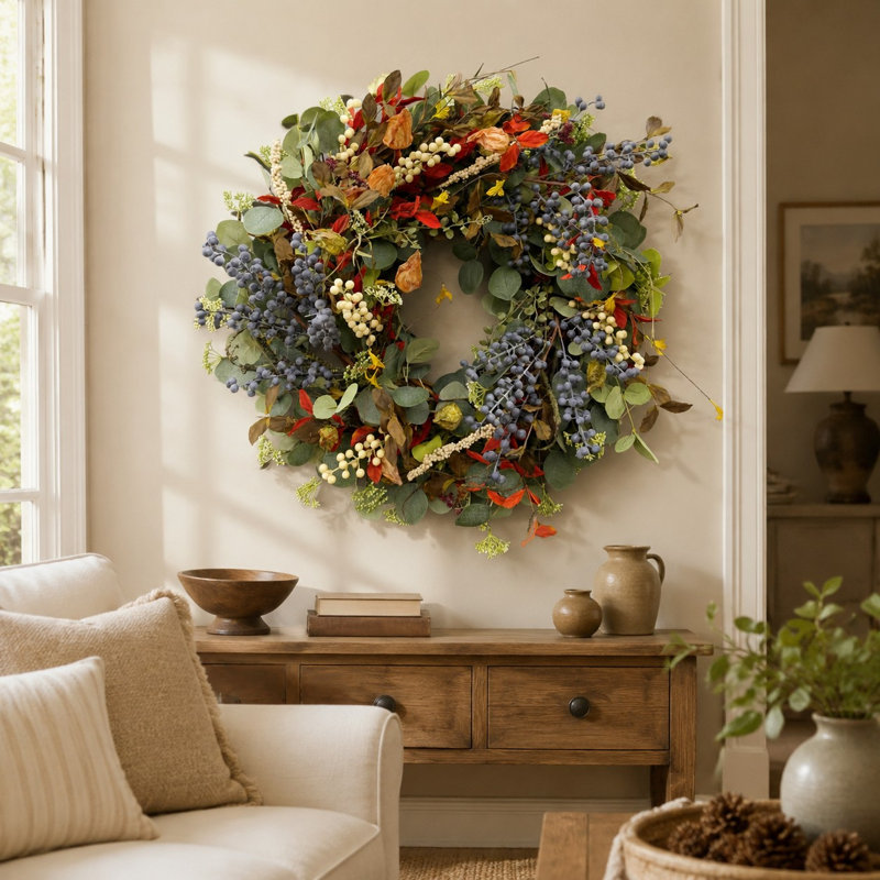 Couronne artificielle de 66 cm (26 po) de feuillage et de baies d'automne mélangés pour porte d'entrée, décoration murale intérieure de style ferme pour les récoltes d'automne et Thanksgiving