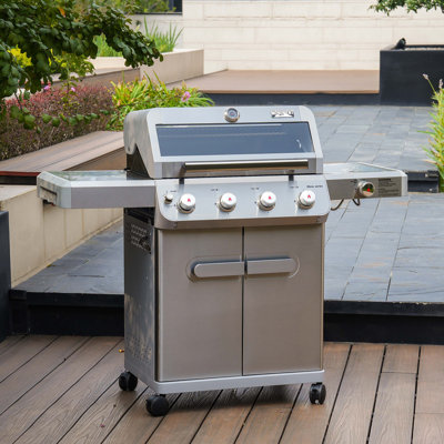 Barbecue au gaz autoportant 4 + 1 brûleurs avec boîte à fumoirs, couvercle de fenêtre Clearview®, brûleur latéral, boutons de commande à DEL et armoire de 630 pieds carrés Monument Grills M405K Po Surface de cuisson🍔