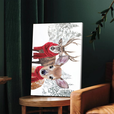 1 PC, art mural, affiche, toile de cerf de Noël avec foulard rouge, impression de forêt enneigée, hiver, vacances, décoration pour le salon, chambre à coucher, décoration sur le thème des animaux festifs, peinture prête à être accrochée