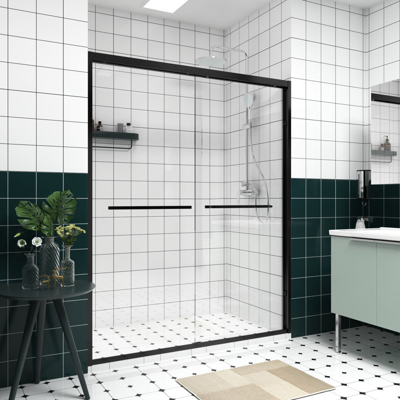 Aluminum Frame Double Sliding Glass Shower Enclosure With 1/4" (6mm) & Tempered Glass, Safe Design, - Crash Angle For Bathroom Rust Handle