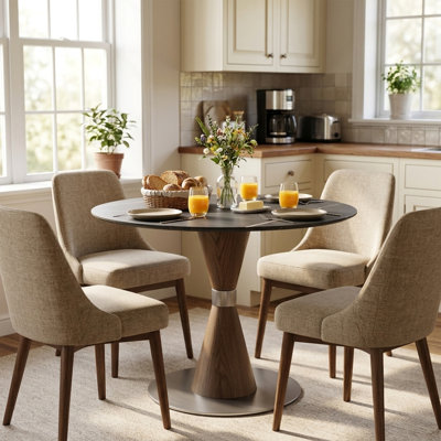 Round Dining Room Bistro Table 39" For 2-4, With Sintered Stone & Wood Texture Metal Base, Breakfast Nook Kitchen