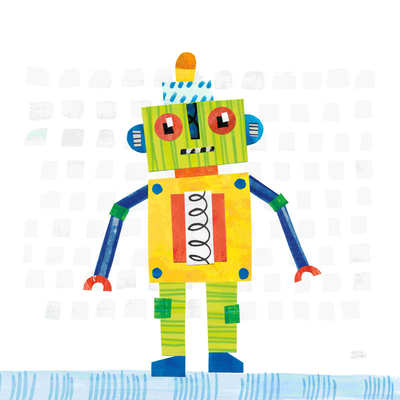 Robot Party IV sur des carrés vert / jaune, H 30 po x l 30 po
