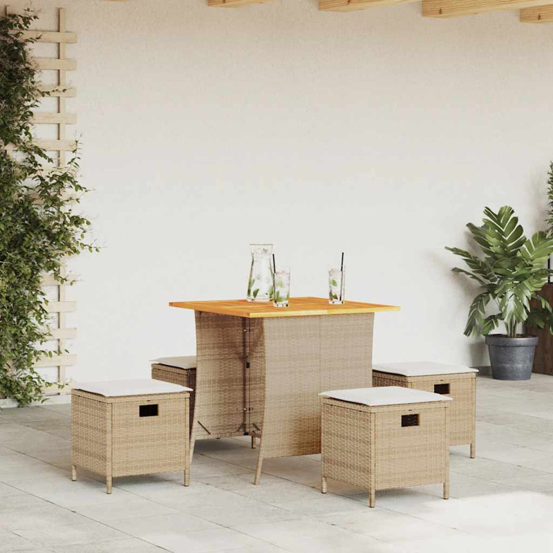 Ensemble repas de patio 5 pièces avec coussins en rotin de polyester, Blanc, Beige