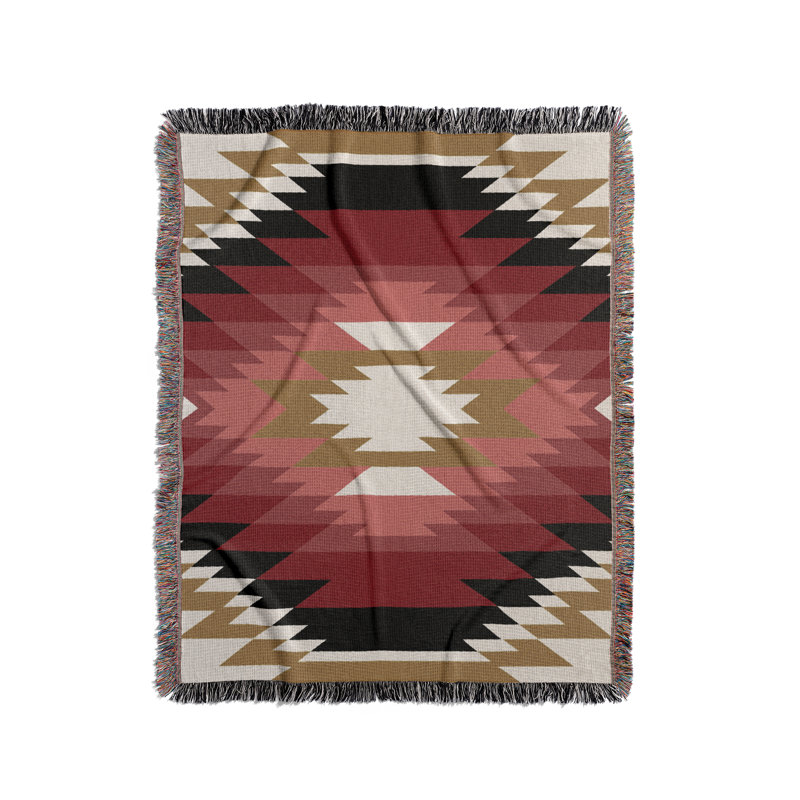 Jeté en mélange de coton Zio South Western, L 70 po x l 50 po, Rouge / blanc cassé / or terne