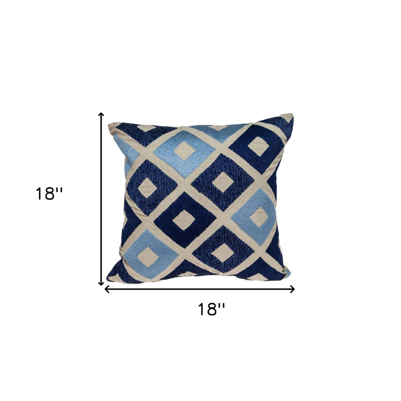 Coussin 18 "en coton beige et bleu diamant avec broderie