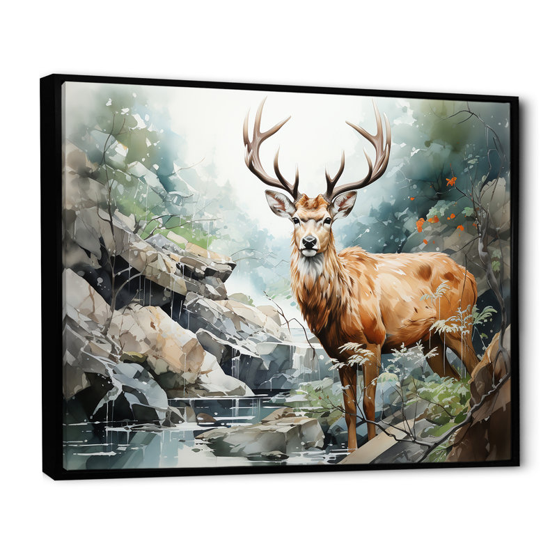 Paysage de cerfs minimalisme sur toile, H 24 po x l 32 po x P 1 po, Cadre flottant noir