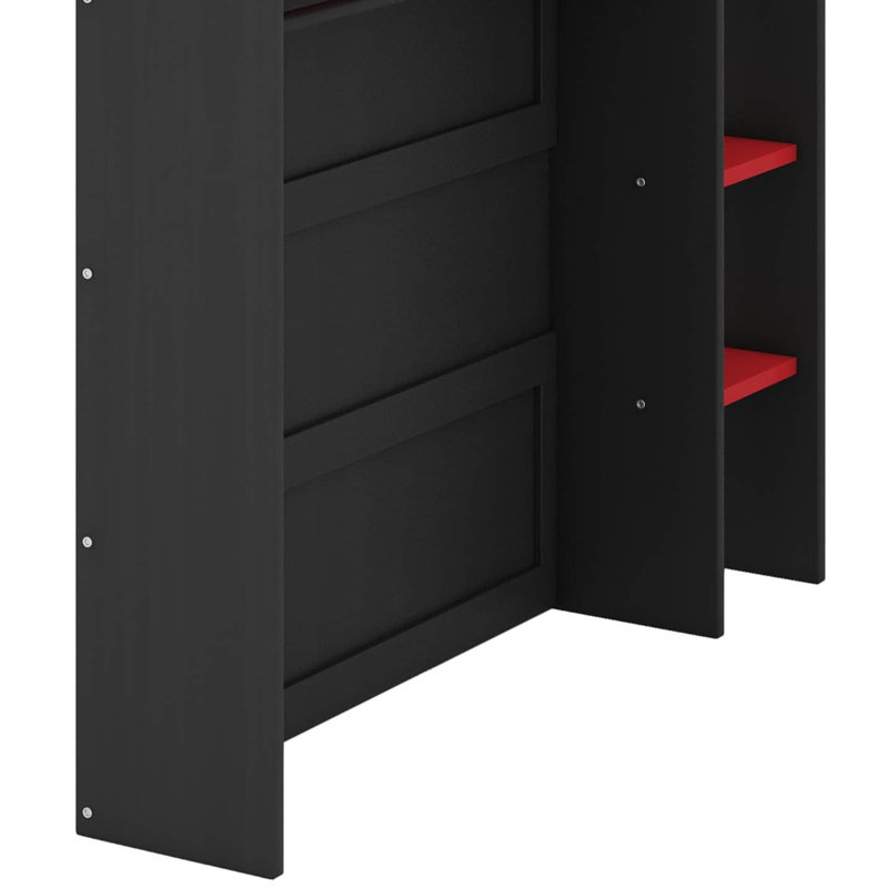 Full Size Wood Bunk Bed With Desk,Wardrobe,Ample Storage Space And RGB Light, Red