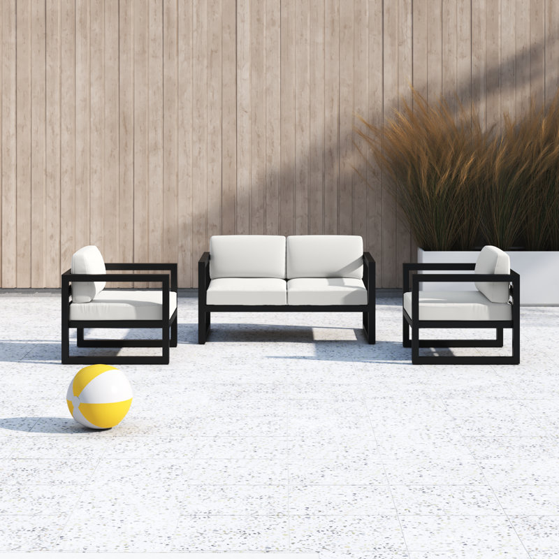 Smith 3 Piece Sofa Seating Group with Sunbrella Cushions, Canvas Natural Sunbrella® Canvas, Black