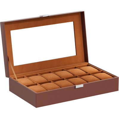 Watch Box Organizer, 12 Slot Watch Display Case, Brown Watches Storage Boxes Holder for Men Women, Large Glass Lid, Removable Pillows