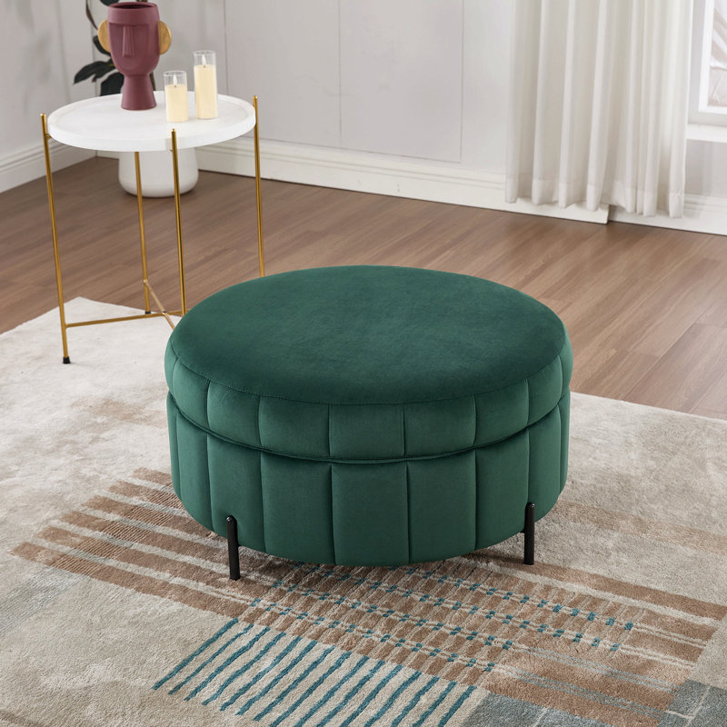 31.5"W Upholstered Round Ottoman With Reversible Lid, Velvet Storage Stool, Channel Tufted Pumpkin-Shape Footstool For Living Room, Bedroom And Office