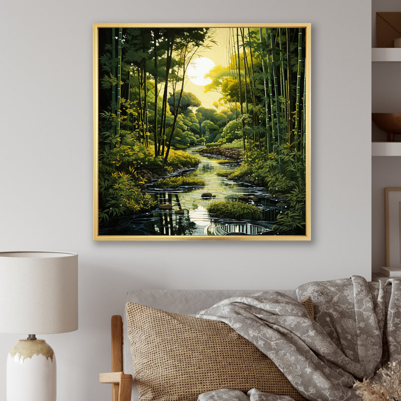 «Asian Art Bamboo Whisper II», reproduction sur toile tendue, Cadre flottant doré, H 16 po x l 16 po x P 1 po