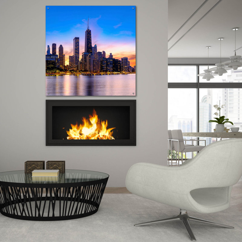 «Chicago - Amber Sunset Glow» par Epic Portfolio, art mural en verre acrylique, H 36 po x l 36 po x P 0,2 po