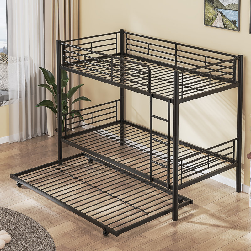 Single(3') Bunk Bed With Trundle Bed, Single Over Single Loft Bed Frame With Ladder And Safety Guardrail, Home Bedroom Dormitory Space-Saving Twin High Sleeper Beds