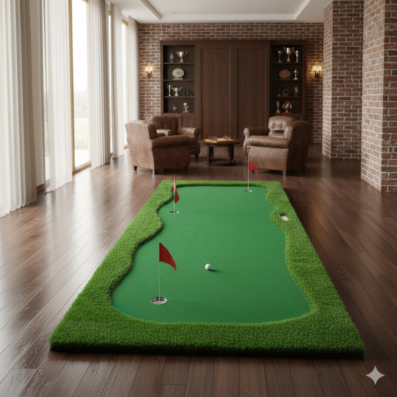 Tapis de golf d'extérieur pour l'extérieur 5 pi, vert avec gazon de haute qualité, 3 trous, 3 drapeaux