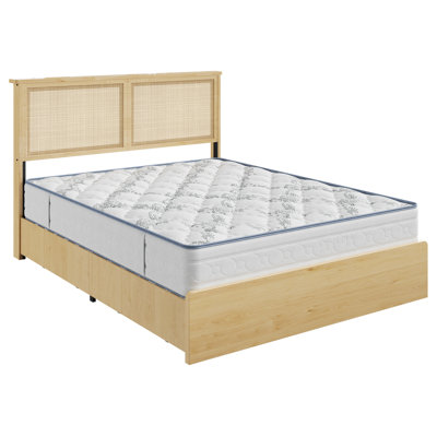 Cadre de lit en rotin grand format Boho - tête de lit en rotin naturel, 4 tiroirs de rangement, lumières à DEL RVB, lattes en bois, conception de plateforme, assemblage facile, aucun sommier tapissier requis, QUEENL (avec tiroir)