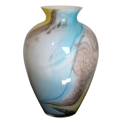 Vase en verre, beige marbré, extérieur bleu et jaune, intérieur blanc, hauteur 15 po, fabriqué en Europe