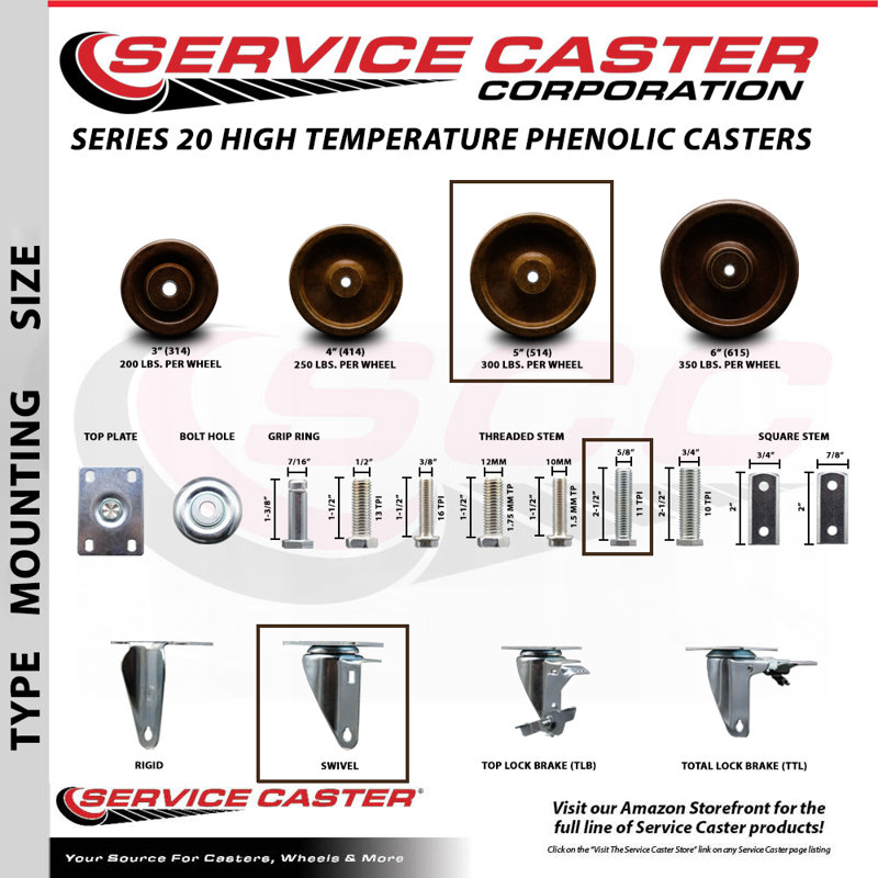 Temp Phenolic 5/8 Inch Threaded Stem Caster Set 2 Brakes SCC