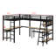 Lit mezzanine d'angle peu encombrant avec DEL ambiantes, tablettes organisationnelles, ports de chargement pour appareils et bureaux attachés