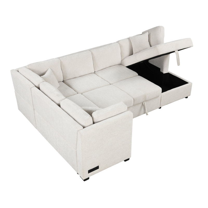 Canapé modulaire 108,6 po beige avec lit, rangement et prise électrique, 5 ports de charge en forme de U, Chenille beige