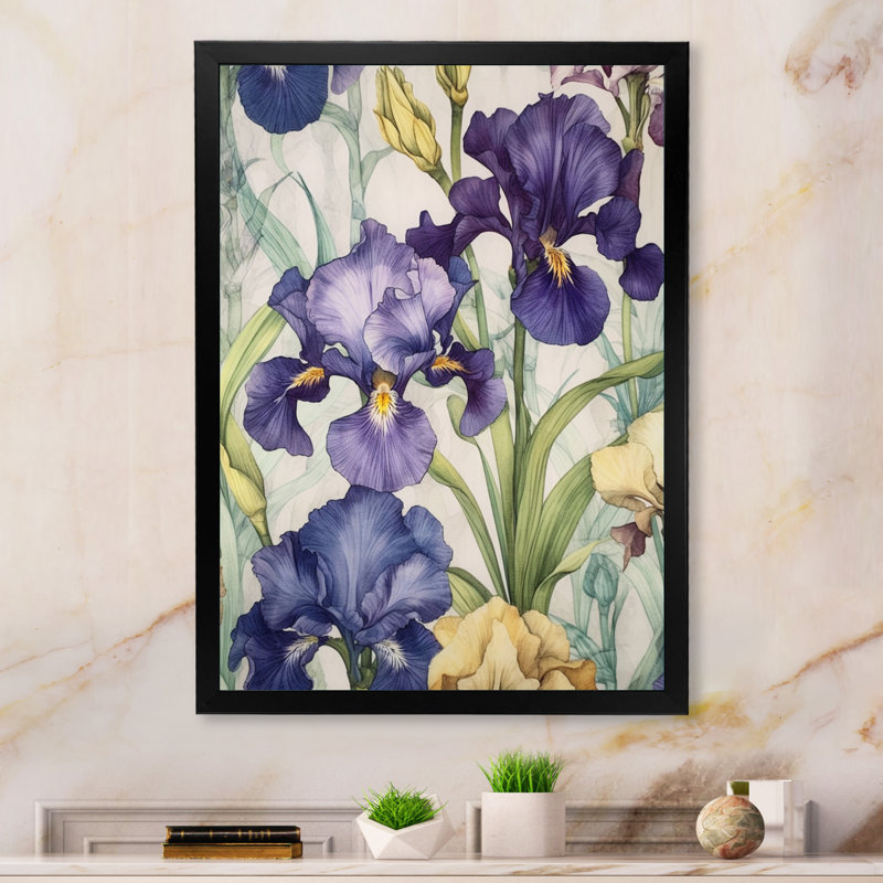 Impression mauve et verte de l'iris II sur toile, Cadre simple noir, H 44 po x l 34 po x P 1 po