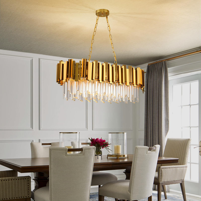 32" Modern Gold Rectangular Tube Oval Crystal Chandelier, E14 Base Bulb Not Included