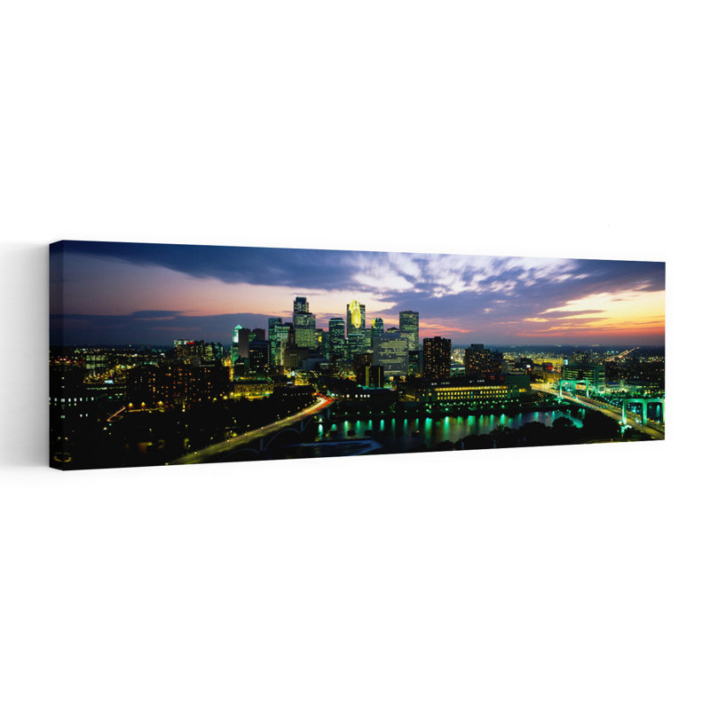 Buildings Lit Up At Dusk Minneapolis Minnesota USA by Walter Bibikow - Wrapped Canvas Panoramic Print