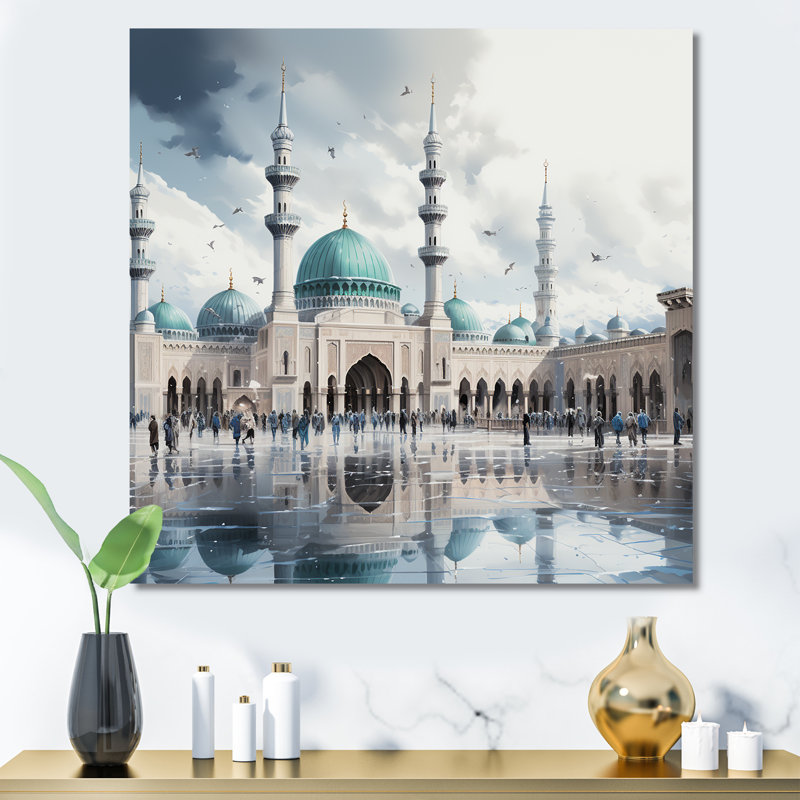 «Mosquée blanche et bleue», art mural, H 16 po x l 16 po x P 1 po, Toile tendue