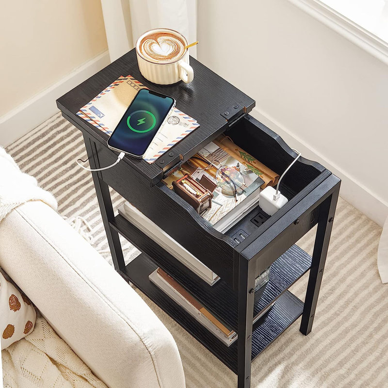 Mychele 25.2" Tall End Table with Storage and Charging Station, Black