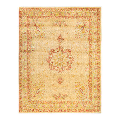 Tapis jaune / rouge traditionnel noué à la main de conception unique 8 pi 2 po x 10 pi 3 po Keller