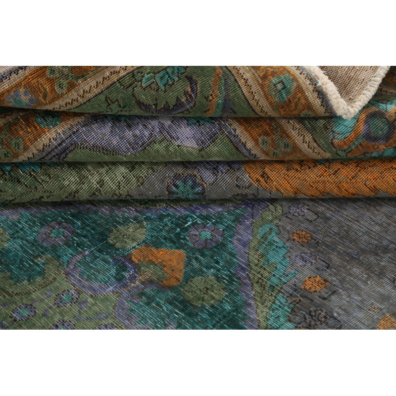 Tapis unique en laine noué à la main de style années 1950 de 9 pi 10 po x 12 pi 10 po bleu / vert / orange