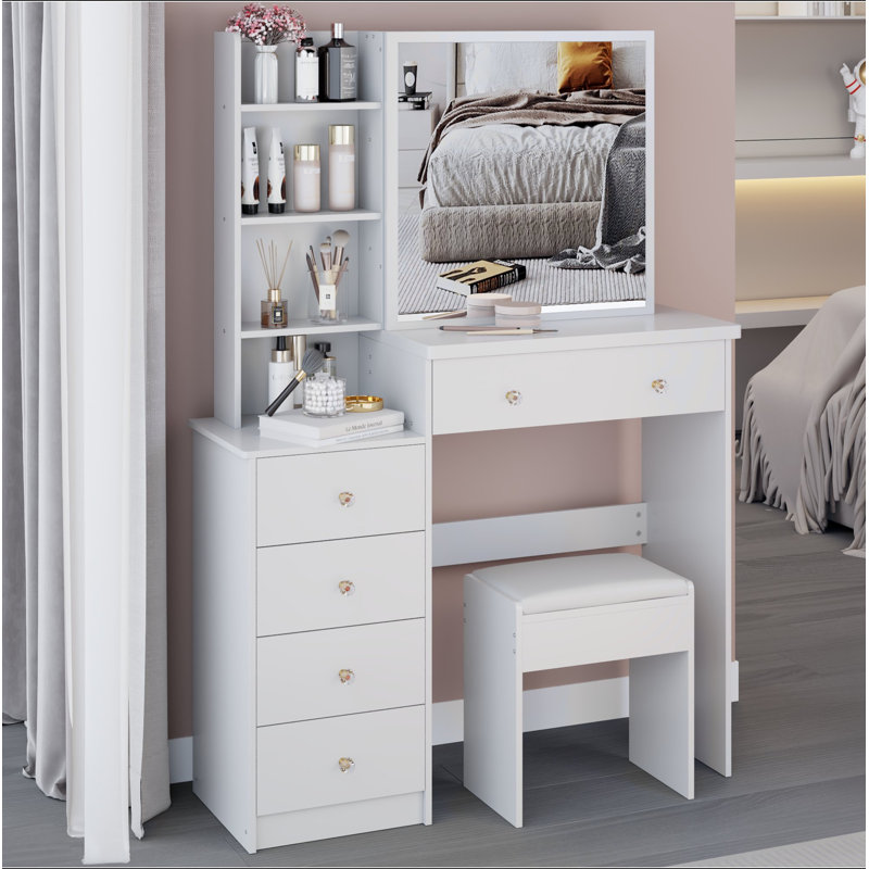 37" Middle Size Left Bedside Cabinet Vanity Table + Cushioned Stool, Extra Large Right Sliding Mirror, Multi Layer High Capacity Storage, Practical Fashionable Dresser, Suitable For Large Space