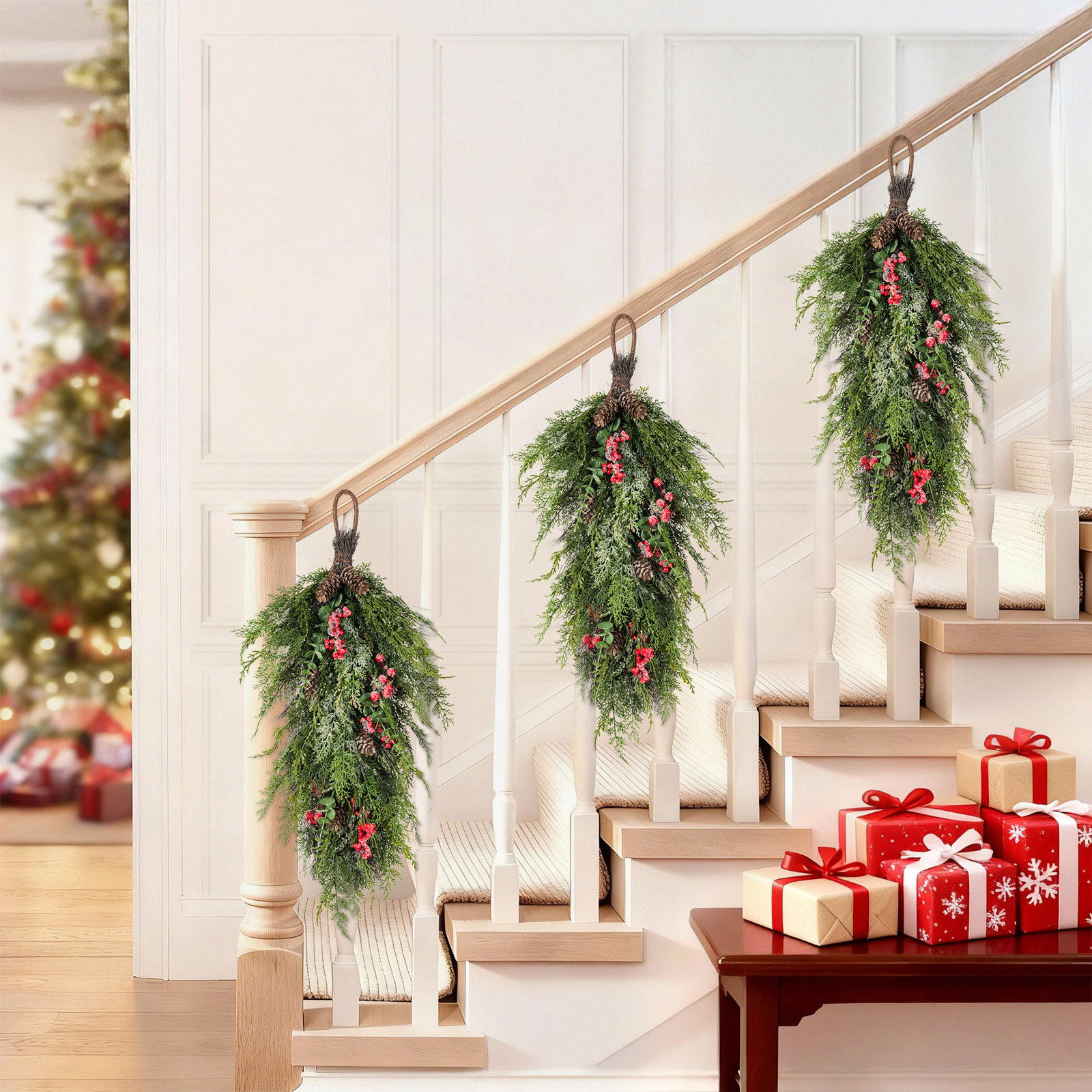 31.5" Frosted Greenery PE Dripping Christmas Teardrop – with Pinecones & Red Berries