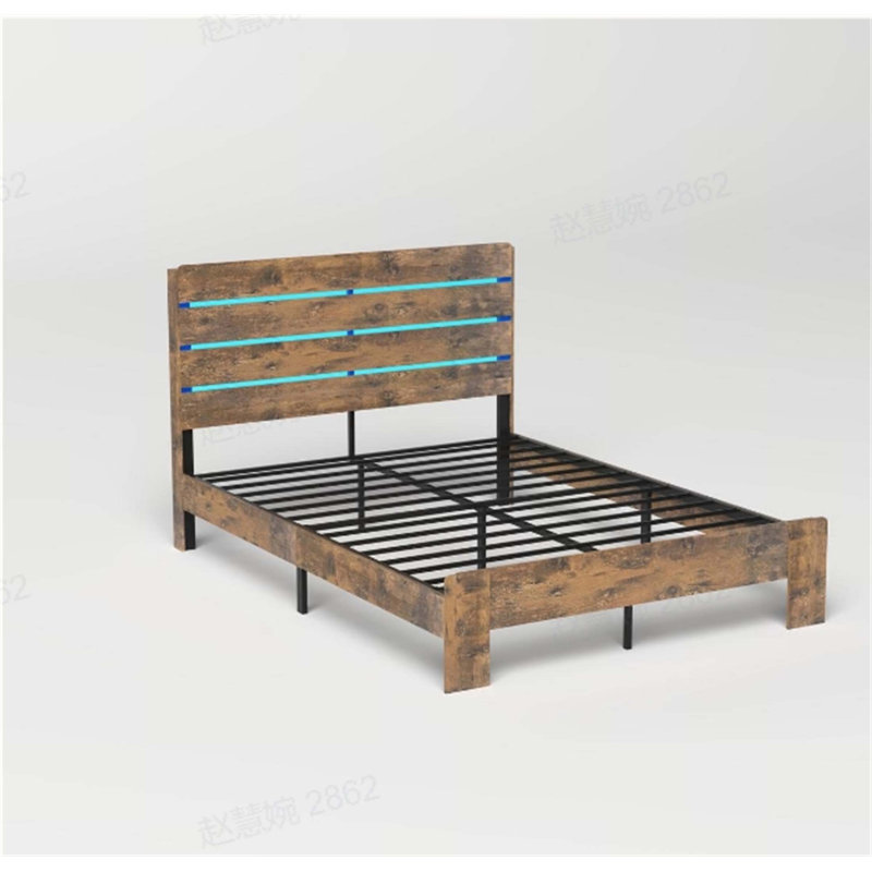 Structure de lit rustique avec tête de lit, pied de lit, rangement sous le lit, lumières DEL et station de charge, capacité de 1200 lb, aucun sommier nécessaire