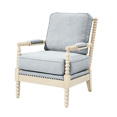Fauteuil confortable à dossier fuselé, tissu gris, base en bois franc massif, fauteuil gracieux à têtes de clou bronze gris et rembourrage en mousse haute, bois
