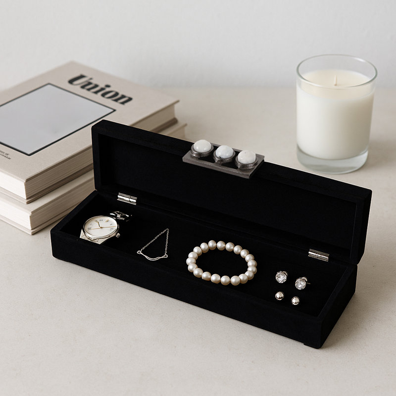 Decorative Box with Lid Featuring Moonstone-Jeweled Metal Clasp for Chic Interiors – Modern Keepsake Organizer Box for Storage and Stylish Home Décor – 18", Black