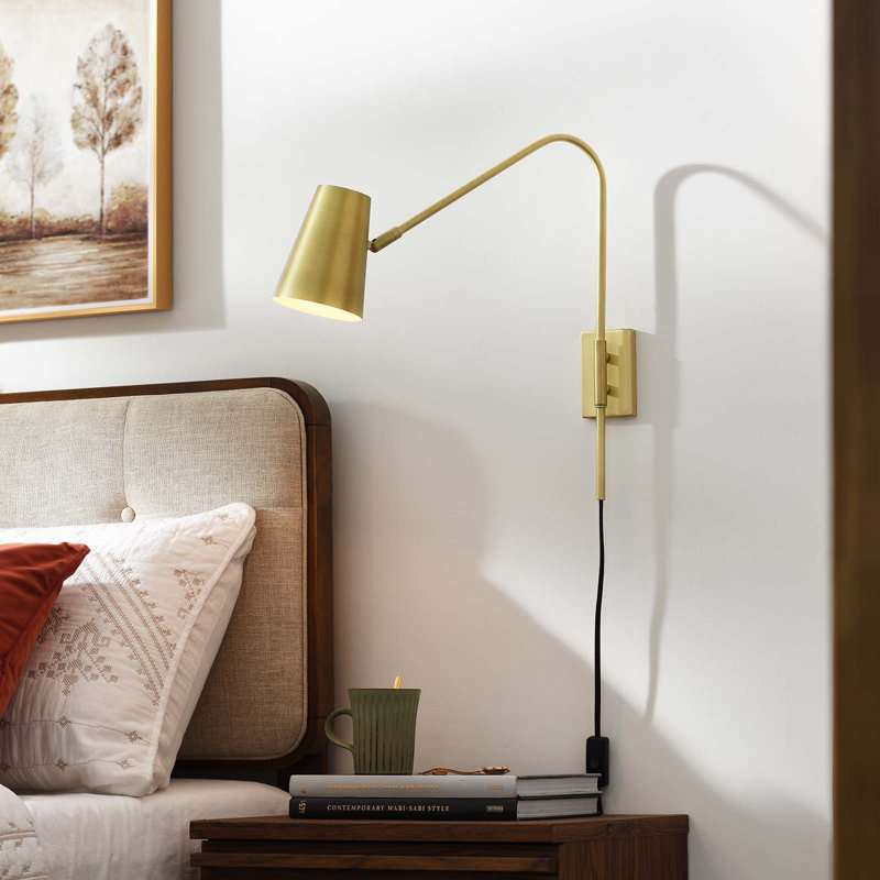 Satin Brass Adjustable Arm Wall Sconce with Metal Shade