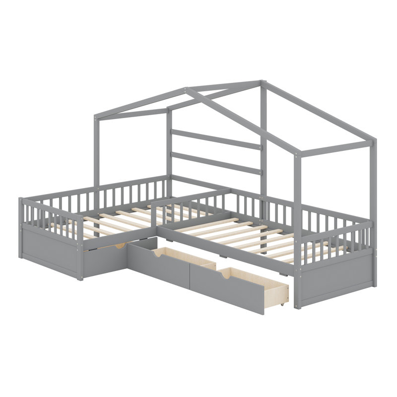 Lit plateforme House avec trois tiroirs de rangement, Gris