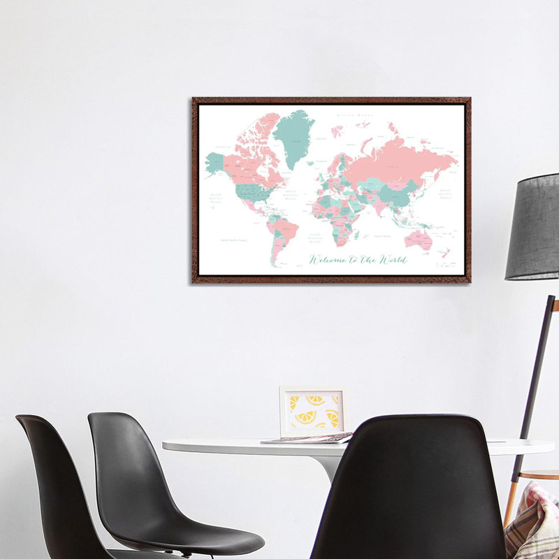 Welcome To The World World Map In Coral And Teal by Blursbyai - Gallery-Wrapped Canvas Giclée on Canvas, Classic Wood Framed