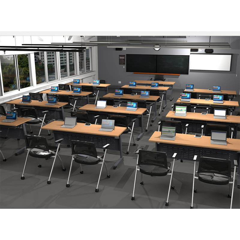 Tables Training Meeting Seminar Classroom 13Pc Beech Folding Industrial Caster Z-Base. Tables Connect.  Modesty Panel, Shelf, Power+Usb Outlet. Fold+Nest For Storage (Seating Not Included).