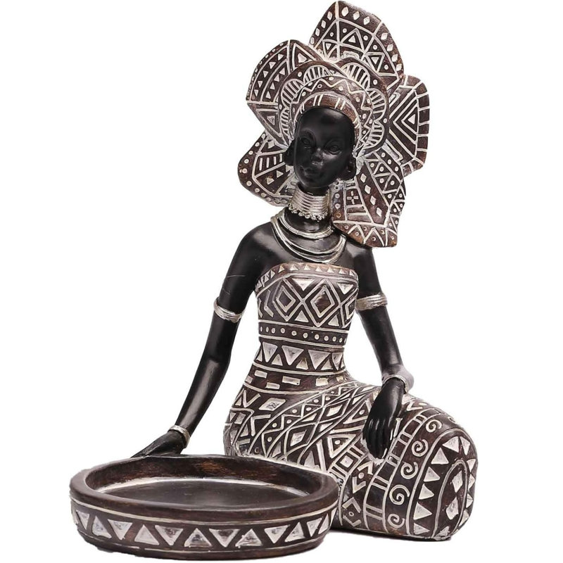 Porte-bougie figurine femme africaine avec totem tribal - statue en polyrésine brune