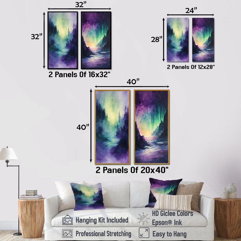 Ensemble de 2 pièces d'art mural vert et mauve Tachisme Landscape I - Tachisme, H 40 po x l 40 po, Encadrement argenté