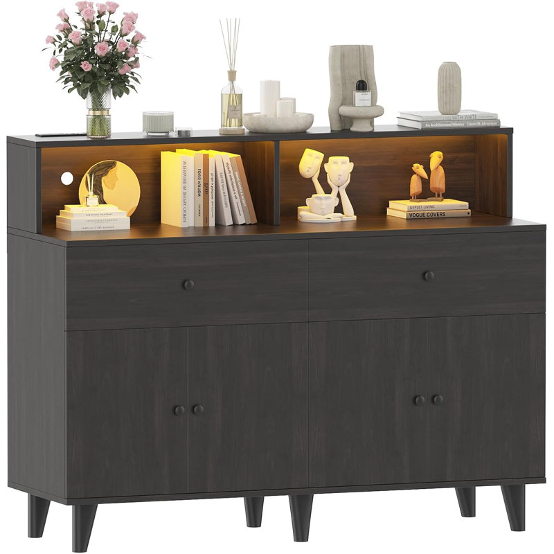 Meuble-bar à café de 130 cm avec éclairage DEL, prises électriques et 2 tiroirs, Noir noyer